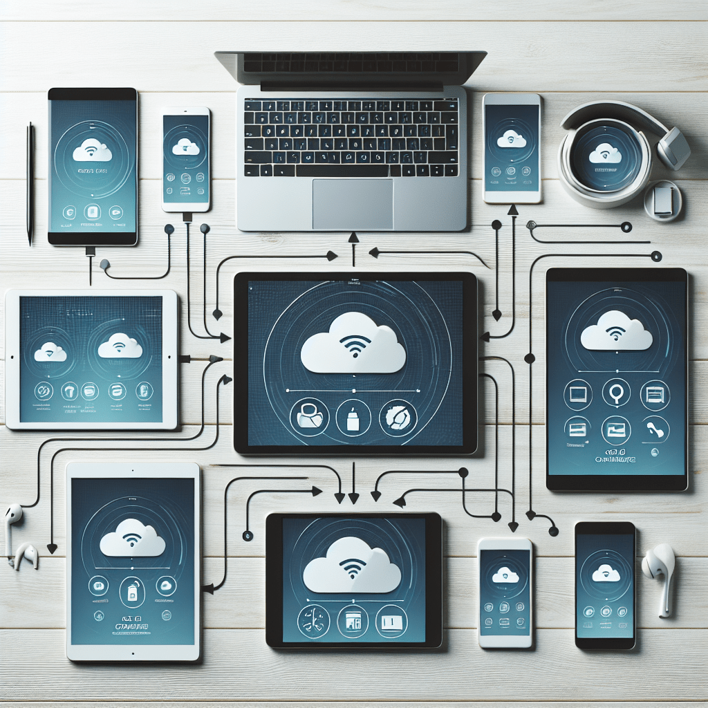 Múltiplos dispositivos Apple sincronizados mostrando compartilhamento de armazenamento em nuvem