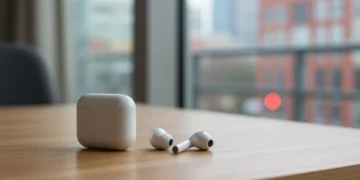 AirPods Pro 3ª Geração em estojo de carregamento, com um fone à mostra, sobre mesa de madeira em ambiente urbano iluminado.
