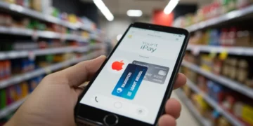 Interface do Apple Pay em um iPhone sendo usada em um terminal de pagamento, com detalhes de cartão de crédito e cashback.