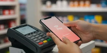 Pessoa realizando pagamento com Apple Pay em uma maquininha no Brasil, com iPhone em destaque.