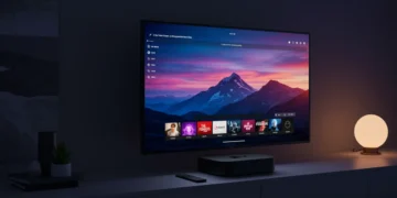 Dispositivo Apple TV 2025 em uma sala moderna, exibindo interface de streaming colorida em uma TV de alta definição.