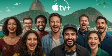 Elenco e diretores brasileiros comemoram o anúncio de novas produções Apple TV+ para 2025, com o logo da plataforma ao fundo e elementos culturais do Brasil.