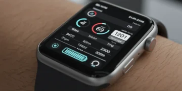 Apple Watch Series 11 no pulso, mostrando monitoramento de glicose e bateria, com um design futurista.