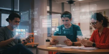 Estudantes utilizando aplicativos de produtividade em dispositivos móveis e laptops com interfaces futuristas, em um ambiente de estudo moderno.