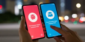 Smartphone exibindo ícones de aplicativos de aprendizado de idiomas, representando as ferramentas essenciais para fluência em 2025.