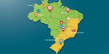 Mapa digital do Brasil com ícones de aplicativos de viagem, simbolizando o planejamento e a facilidade de explorar o país em 2025.