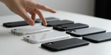 Variedade de capas para iPhone dispostas sobre uma superfície, destacando diferentes materiais e cores, com uma mão escolhendo uma delas.