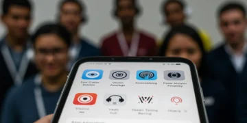 Configurações de acessibilidade no iPhone, com ícones de visão e audição, em primeiro plano, e pessoas diversas usando tecnologia assistiva ao fundo.