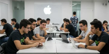 Jovens desenvolvedores brasileiros participando do programa de treinamento iOS da Apple, imersos em aprendizado e colaboração.