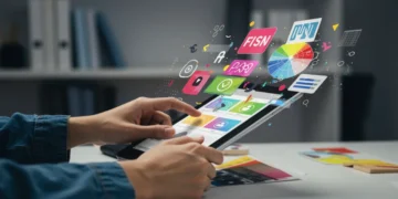 Designer gráfico criando peça visual em um iPad ou iPhone, utilizando aplicativos de design inovadores.