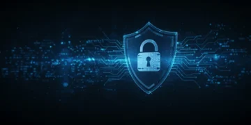 Um escudo digital com cadeado, simbolizando a proteção de dados online em 2025.