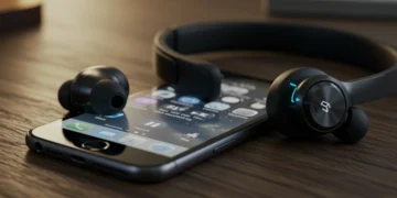 Fones de ouvido Bluetooth modernos ao lado de um iPhone, com tela exibindo aplicativo de música.