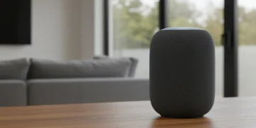 HomePod (2ª Geração) em um ambiente moderno, destacando seu design elegante e interface luminosa.
