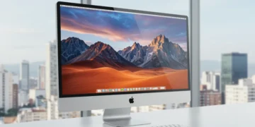 iMac 2025 com tela de 32 polegadas e chip M5, em um ambiente moderno no Brasil