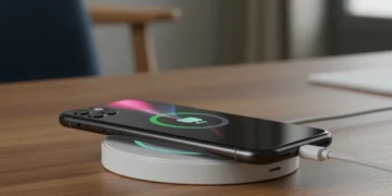 iPhone 15 Pro sendo carregado sem fio em uma base moderna, destacando a conveniência da tecnologia.