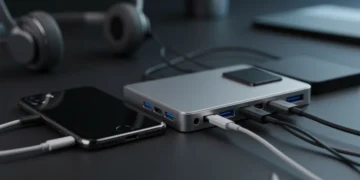 Um iPhone conectado a um hub USB-C com múltiplos acessórios em um ambiente tecnológico moderno.