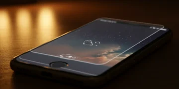 Um iPhone com protetor de tela aplicado, quase imperceptível, refletindo a luz ambiente.