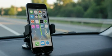 iPhone montado em suporte de carro no painel, exibindo aplicativo de navegação.