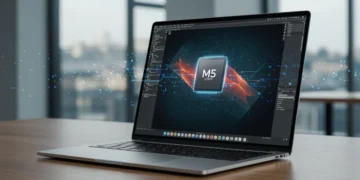MacBook Pro 2025 com chip M5 em uso, exibindo software de design gráfico avançado e com alta produtividade.