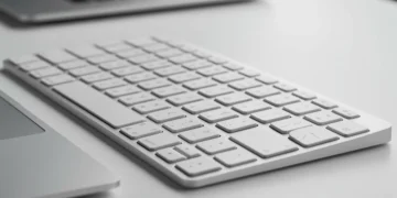 Magic Keyboard com Touch ID em uma mesa moderna com um MacBook, destacando o sensor biométrico.