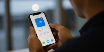 Pessoa concentrada usando o Modo Foco do iOS 18 em seu iPhone para evitar distrações e aumentar a produtividade.