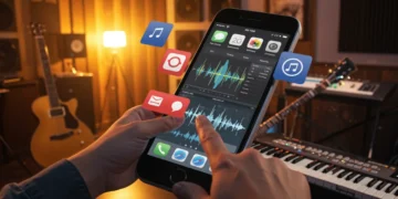 Músico utilizando apps de criação e edição musical em um iPhone, com instrumentos de fundo.