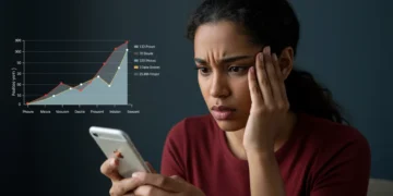 Pessoa preocupada olhando para o celular com gráfico de consumo de dados móveis ao fundo, simbolizando a necessidade de economizar internet.
