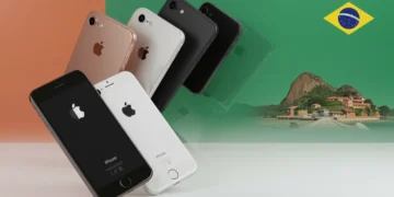 iPhones antigos sendo reciclados com um novo iPhone em destaque, simbolizando o programa da Apple no Brasil.