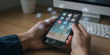 Mãos segurando um iPhone com ícones de solução de problemas, representando a resolução de falhas comuns.
